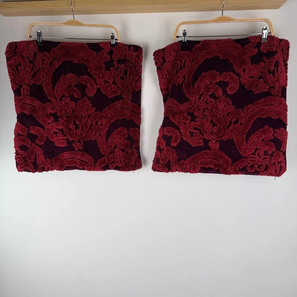 Pottery Barn Burgundy Red Damask Textured 22x22 Pillow Covers Set of 2